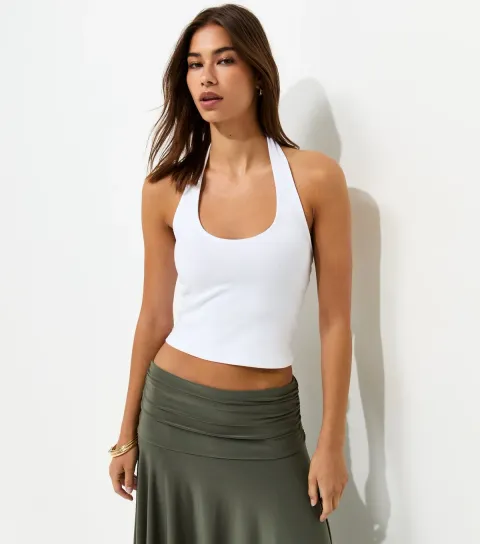 Women's White Cotton Rich Scoop Halter Neck Top