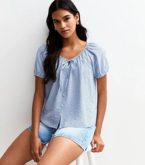 New Look Women's Blue Striped Tie Neck Top