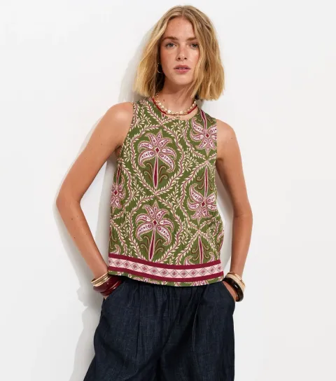 Women's Green Palm Tree Print Sleeveless Top