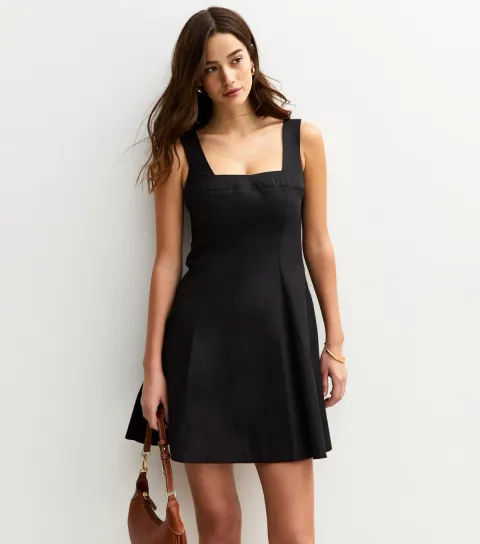 Women's Black Square Neck Poplin Mini Dress