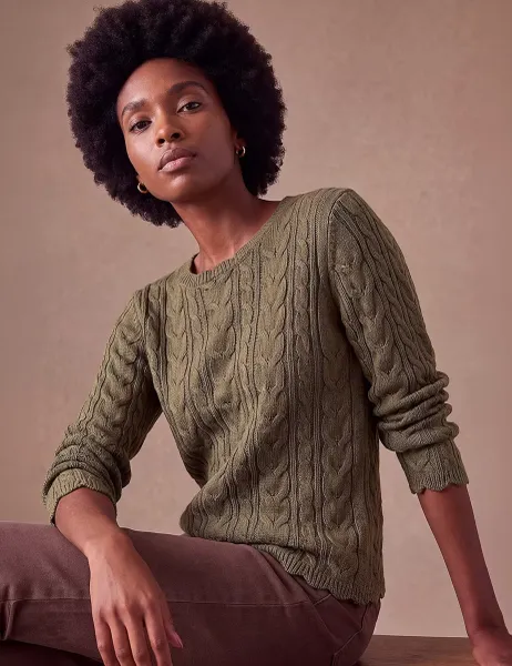 Roman Cable Knit Scallop Edge Jumper Khaki