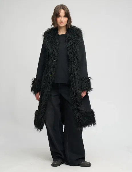 Superdry & Co Faux Fur Trim Longline Afghan Coat Black