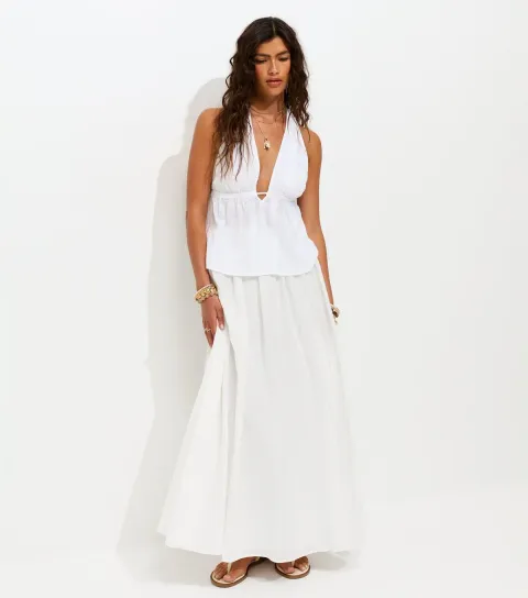 Women's White Cotton Full Length Woven Skirt