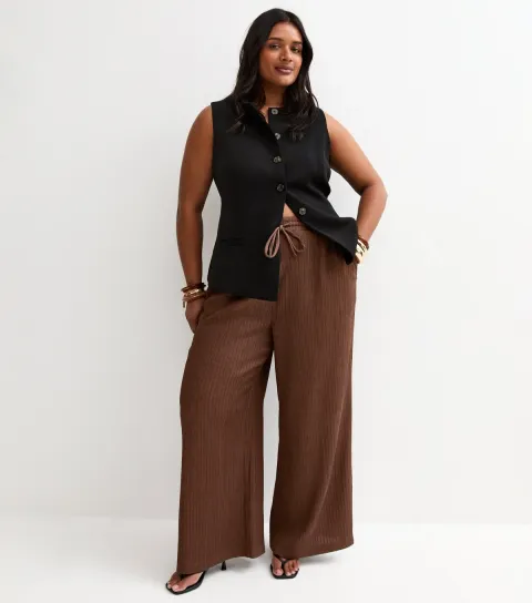 Women's Plus Size Brown Crinkled Jersey Wide Leg Trousers Curves
