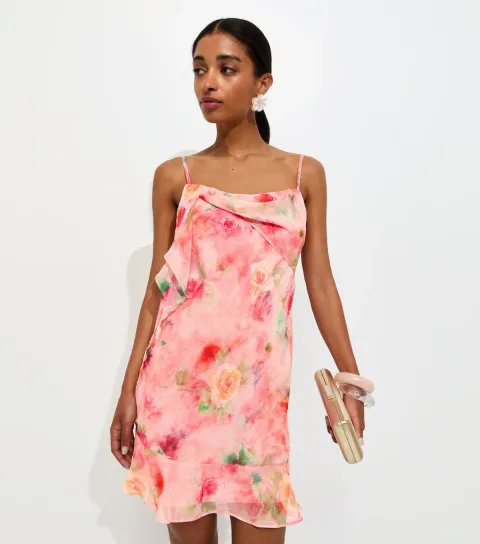 Women's Pink Chiffon Floral Mini Dress