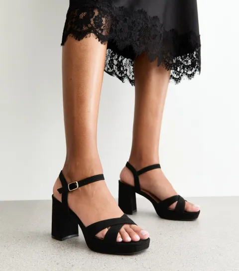 Women's Black Faux Suede Cross Strap Heel Sandals Vegan