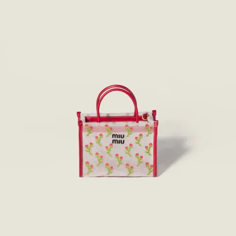 Embroidered mesh top-handle bag