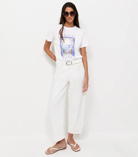 Women's White Cotton Amalfi Coast Print Relaxed Fit T-Shirt