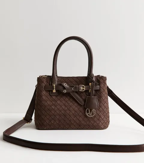 Brown Faux Suede Weave Effect Mini Crossbody Bag