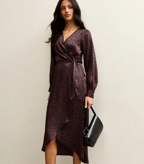 Women's Brown Leopard Print Satin Wrap-Effect Midi Dress