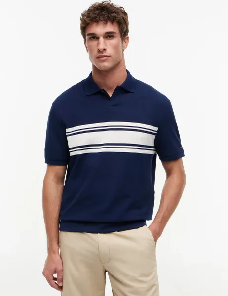 Tommy Hilfiger Pure Cotton Pique Striped Polo Shirt Navy