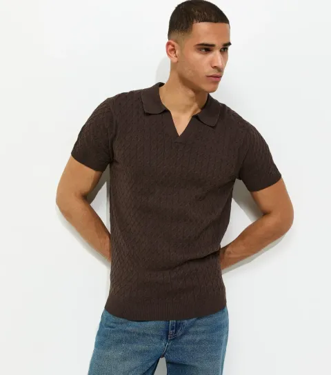 Men's Brown Regular Cable Knit Short Sleeve Top