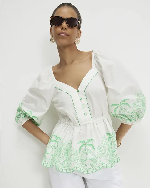 River Island Cotton Embroidered Hem Blouse