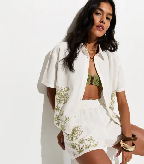 Women's White Palm Embroidered Cotton Beach Shorts