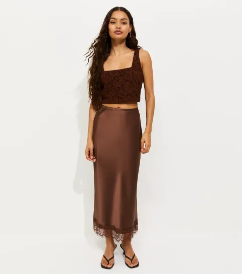 Women's Petite Dark Brown Satin Lace Trim Midi Skirt