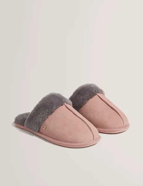 Ted Baker Suede Faux Fur Lined Mule Slippers Light Pink