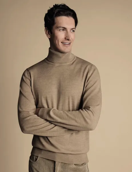 Charles Tyrwhitt Pure Merino Wool Roll Neck Jumper Oatmeal