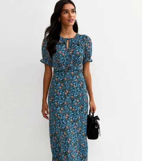 Women's Blue Floral Short Sleeve Midi Dress