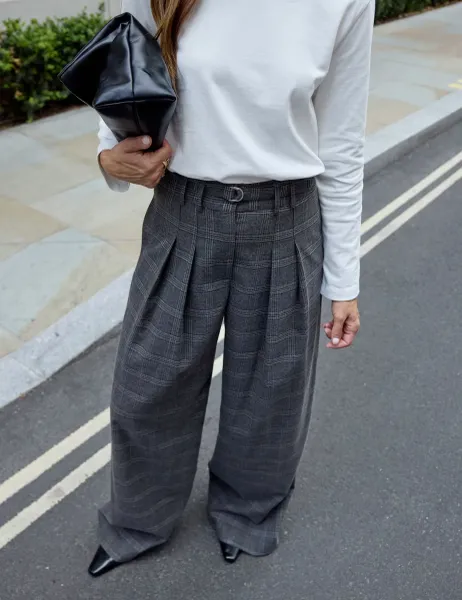 WAT THE BRAND Checked Belted Tailored Wide Leg Trousers Black/Grey
