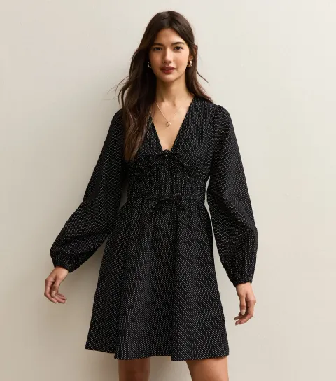Women's Black Polka Dot Front Tie Mini Dress