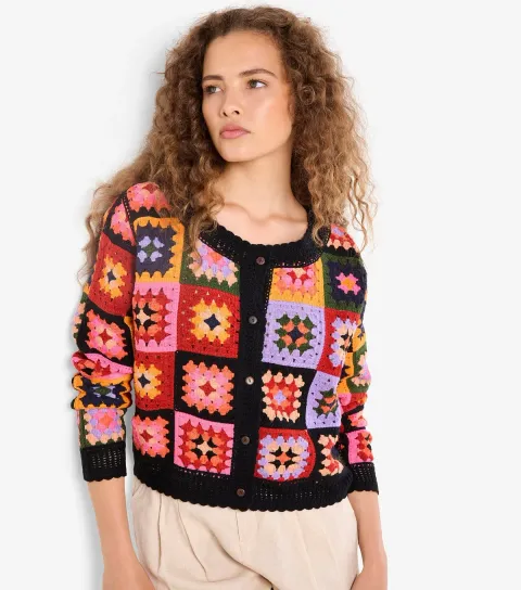 Women's Black Crochet Squares Cardigan