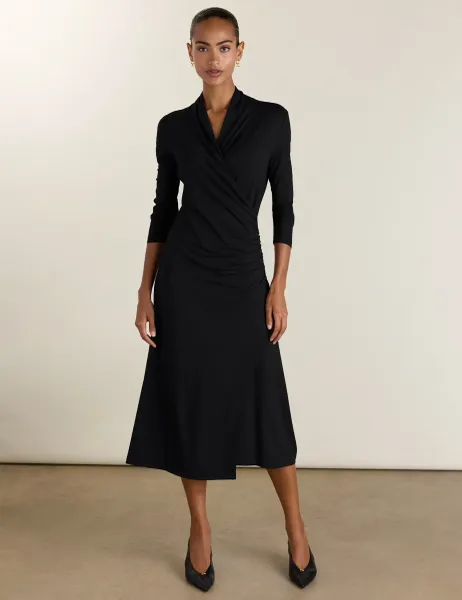 BAUKJEN V-Neck Midi Wrap Skater Dress Black