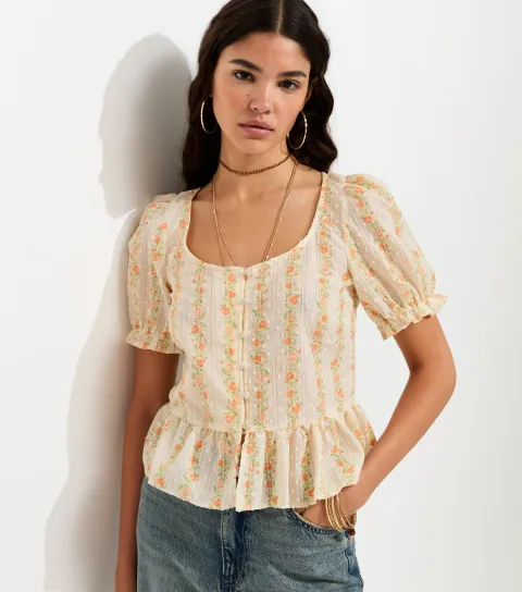 Women's Cream Stripe Ditsy Floral Button Front Tea Blouse