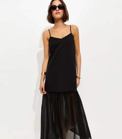 Women's Black Satin and Chiffon Maxi Dress