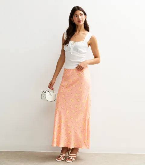Women's Pink Floral Print Bias Cut Midi Skirt