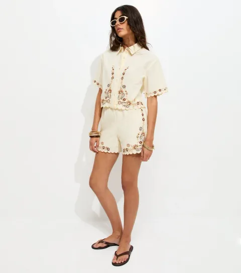 Women's Cream Cotton Floral Embroidered Woven Shorts
