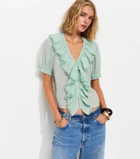Women's Light Blue Semi-Sheer Embroidered Ruffle V-Neck Blouse