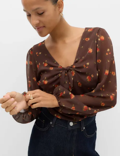 Marks & Spencer Printed V Neck Fitted Top Brown Mix