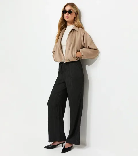 Women's Tall Black Crinkle Texture Wide Leg Jersey Trousers