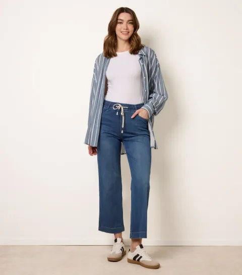 Women's Blue Cropped Drawstring Wide Leg Jeans