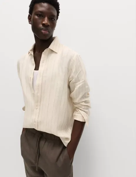Marks & Spencer Regular Fit Pure Linen Striped Shirt Ecru Mix