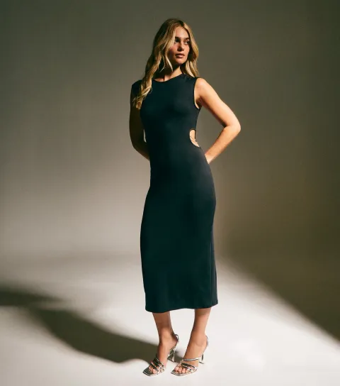 New Look Women's Black Side Cutout Diamante Chain Midi Dress