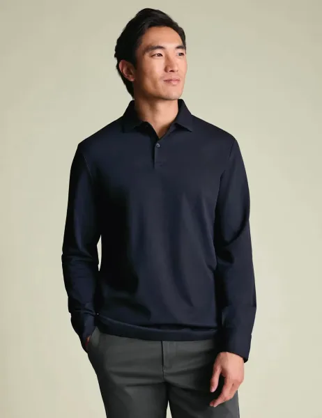 Charles Tyrwhitt Cotton Rich Pique Long Sleeve Polo Shirt Navy