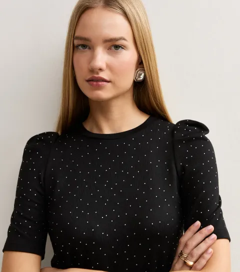 New Look Women's Black Diamante Embellished Puff Sleeve Knit Top