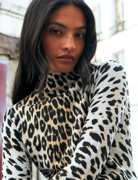 RO&ZO Cotton Rich Animal Print Roll Neck Top