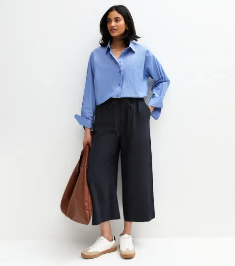Women's Navy Linen Blend Cropped Trousers
