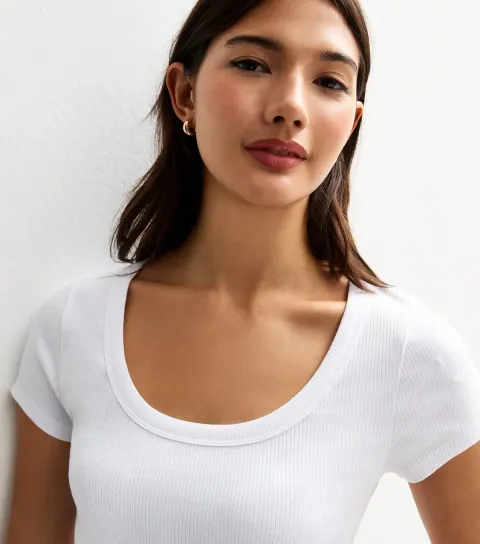 New Look Women's White Ribbed Scoop Neck T-Shirt