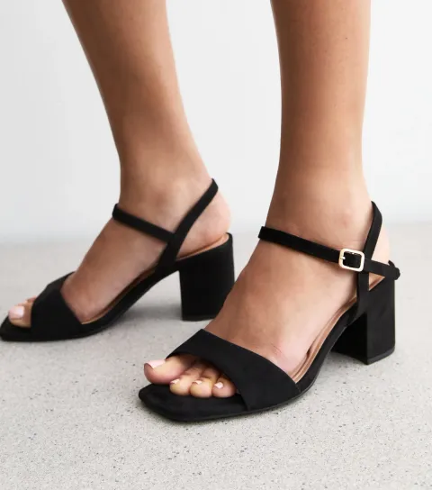 Women's Extra Wide Fit Black Faux Suede Block Heel Sandals Vegan