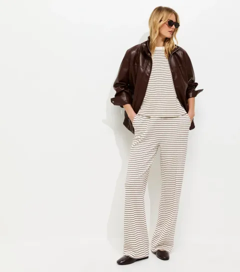Women's Tall Premium Brown Heavyweight Cotton Striped Wide Leg Trousers