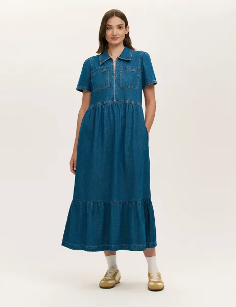 Finery London Pure Cotton Denim Midi Shirt Dress Mid Blue