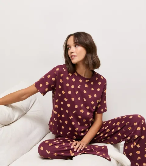 New Look Women's Dark Burgundy Gingerbread Patterned Wide Leg Trousers Pyjama Set