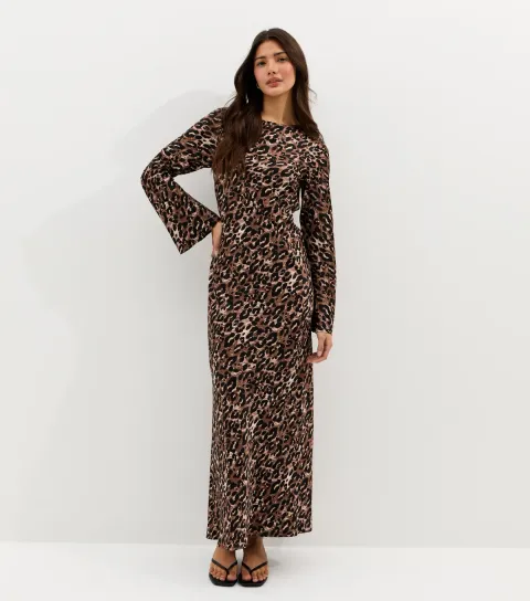 Women's Brown Animal Print Satin Cowl Back Maxi Dress