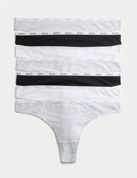 Body by M&S 7 Pack Cotton Rich Logo Waistband Thongs Grey Mix