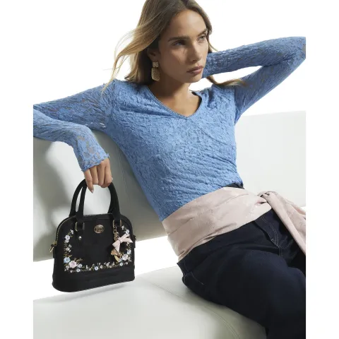 River Island Floral Embroidered Faux Suede Bag