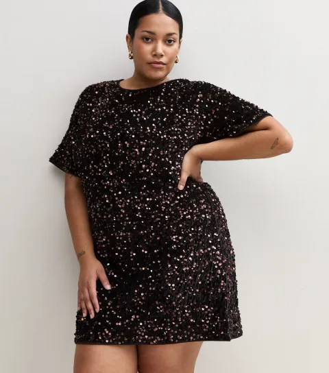 New Look Women's Plus Size Dark Brown Sequin Embellished Mini T-Shirt Dress Curves