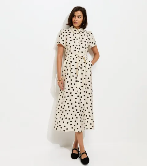 Women's White and Black Frill Trim Polka Dot Shirt Midi Dress